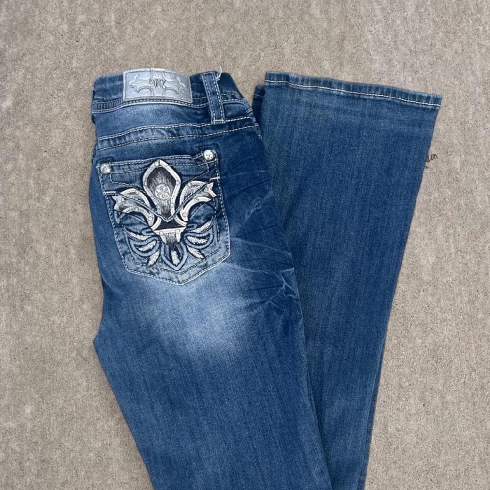 Miss Me Dark Blue Boot Cut Jeans with Silver Embellishments